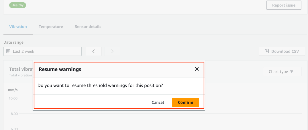 Dialog box asking to resume threshold warnings for a position, with Cancel and Confirm options.