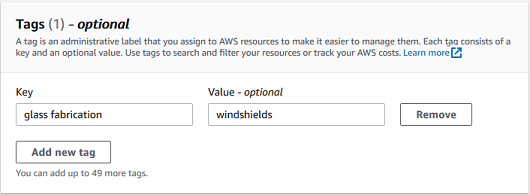 Tags input field with "glass fabrication" and "windshields" tags, and Remove button. (AI generated)