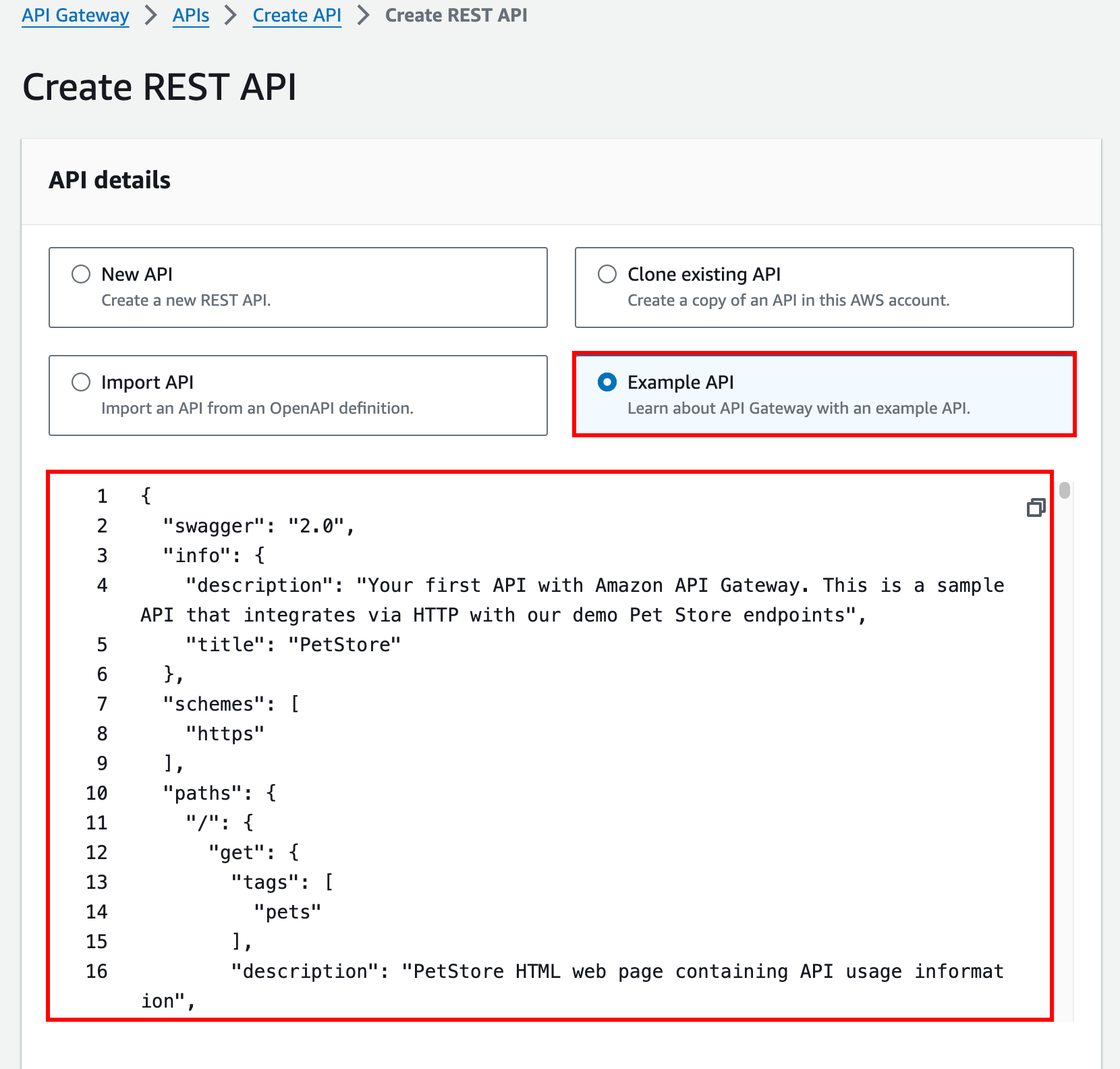 Beispiel für eine REST-API in der API Gateway Gateway-Konsole.