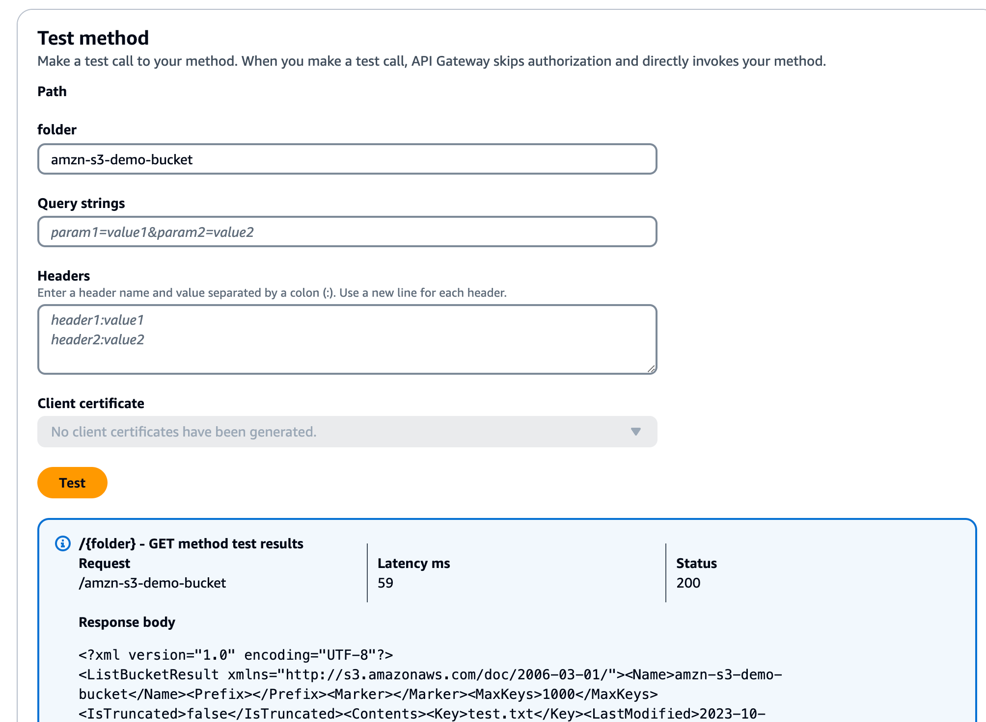 Testen der GET-Methode zur Erstellung eines Amazon-S3-Bucket.