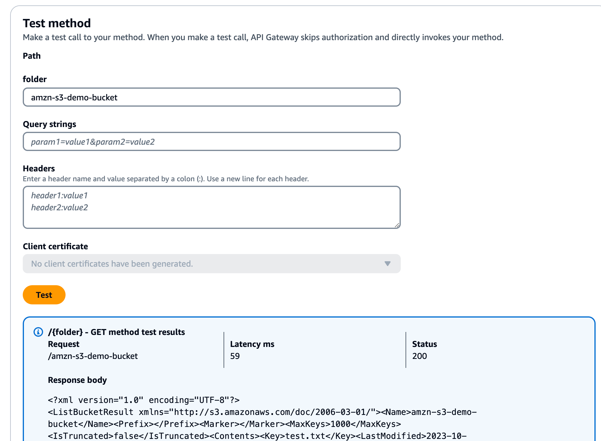 
                  Testen der GET-Methode zur Erstellung eines Amazon-S3-Bucket.
                