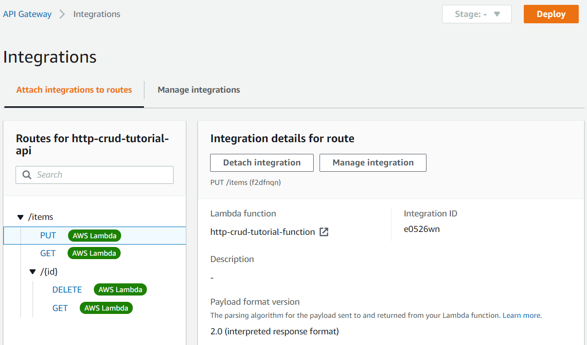 Die Konsole wird AWS Lambda auf allen Routen angezeigt, um darauf hinzuweisen, dass Ihre Integration angehängt ist.