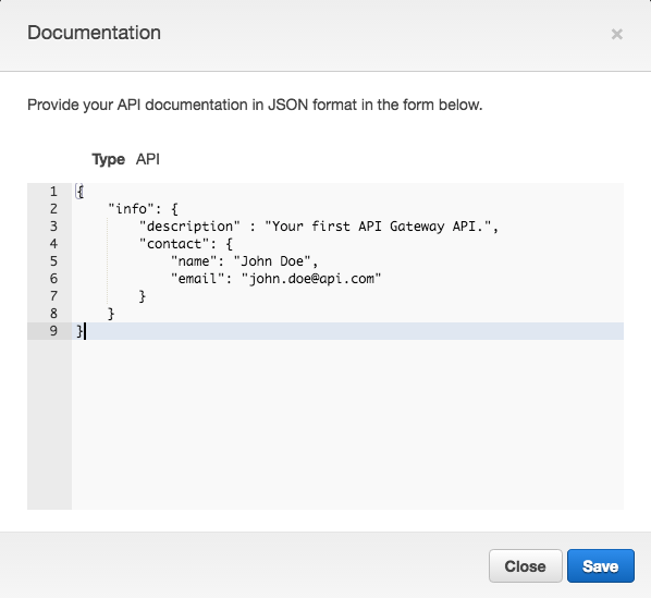 
                    Bearbeiten der Eigenschafts-Map der Dokumentation für die API-Entität in der API Gateway-Konsole
                