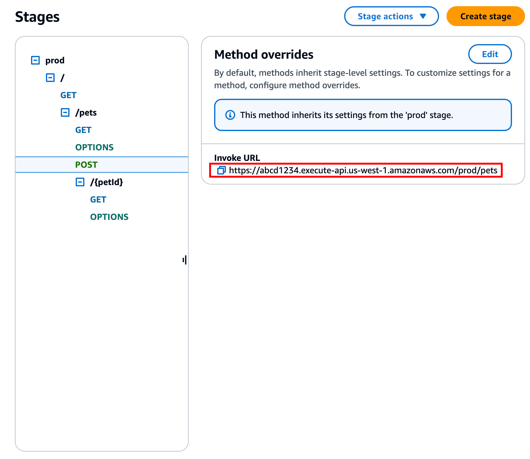 
              Nachdem Sie die Stufe im sekundären Navigationsbereich erweitert haben, zeigt die Konsole die Aufruf-URL Ihrer API auf Ressourcenebene an.
            