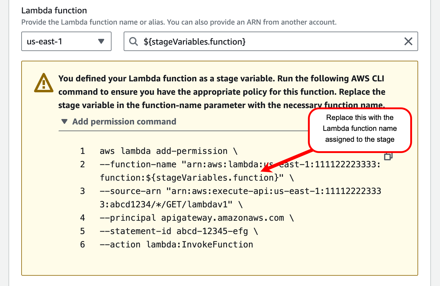 AWS CLI Befehl, um der Lambda-Funktion die Erlaubnis zu geben, von der von Ihnen erstellten Methode aufgerufen zu werden.