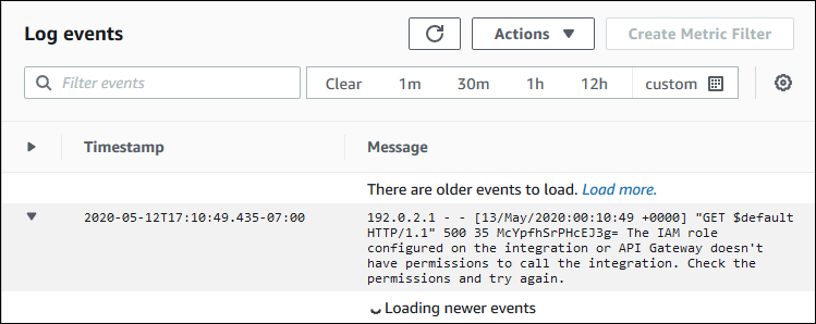 
                        CloudWatch Protokolliert den Protokolleintrag mit der Integrationsfehlermeldung von Lambda.
                    