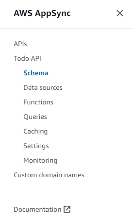 AWS AppSync console sidebar with navigation links for APIs, Schema, Data sources, Functions, and more. (AI generated)