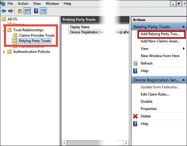Wählen Sie unter Aktionen die Option Add Relying Party Trust (Vertrauensstellung der vertrauenden Partei) hinzufügen aus.
