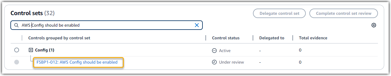 Screenshot, der die Security Hub-Steuerung in einer Bewertung zeigt.