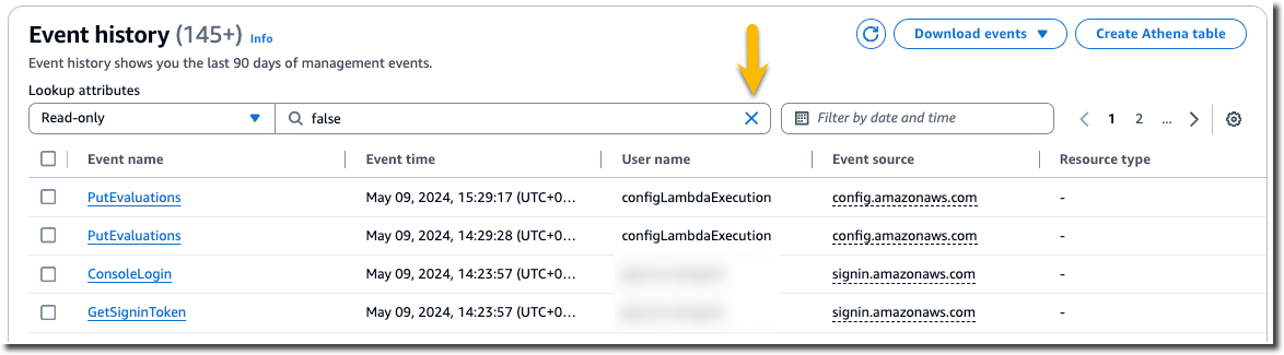 Die Seite mit dem CloudTrail Ereignisverlauf, auf der der schreibgeschützte Filter hervorgehoben wird