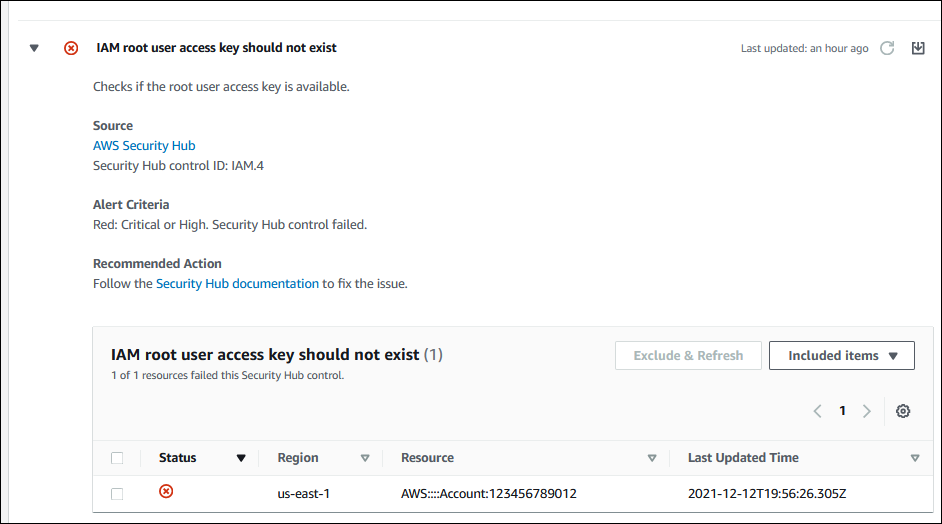 Screenshot eines Security Hub-Steuerelements für ein IAM-Root-Zugriffsproblem.