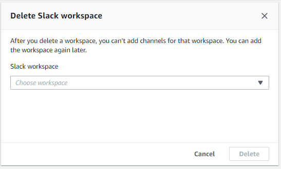 Dialogfeld, das Sie verwenden, um einen Slack-Workspace in der AWS Support-Konsole zu löschen.