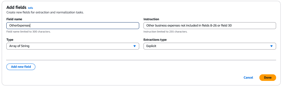 Konsole, die zeigt, wie man 'Feldname' und 'Anweisung' hinzufügt. Der „Typ“ ist auf „Array of String“ und der „Extraktionstyp“ auf „Explizit“ gesetzt.
