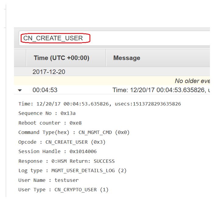 Filtern eines Ereignisses in einem AWS CloudHSM Audit-Protokoll in CloudWatch Logs nach seinem Opcode Wert.