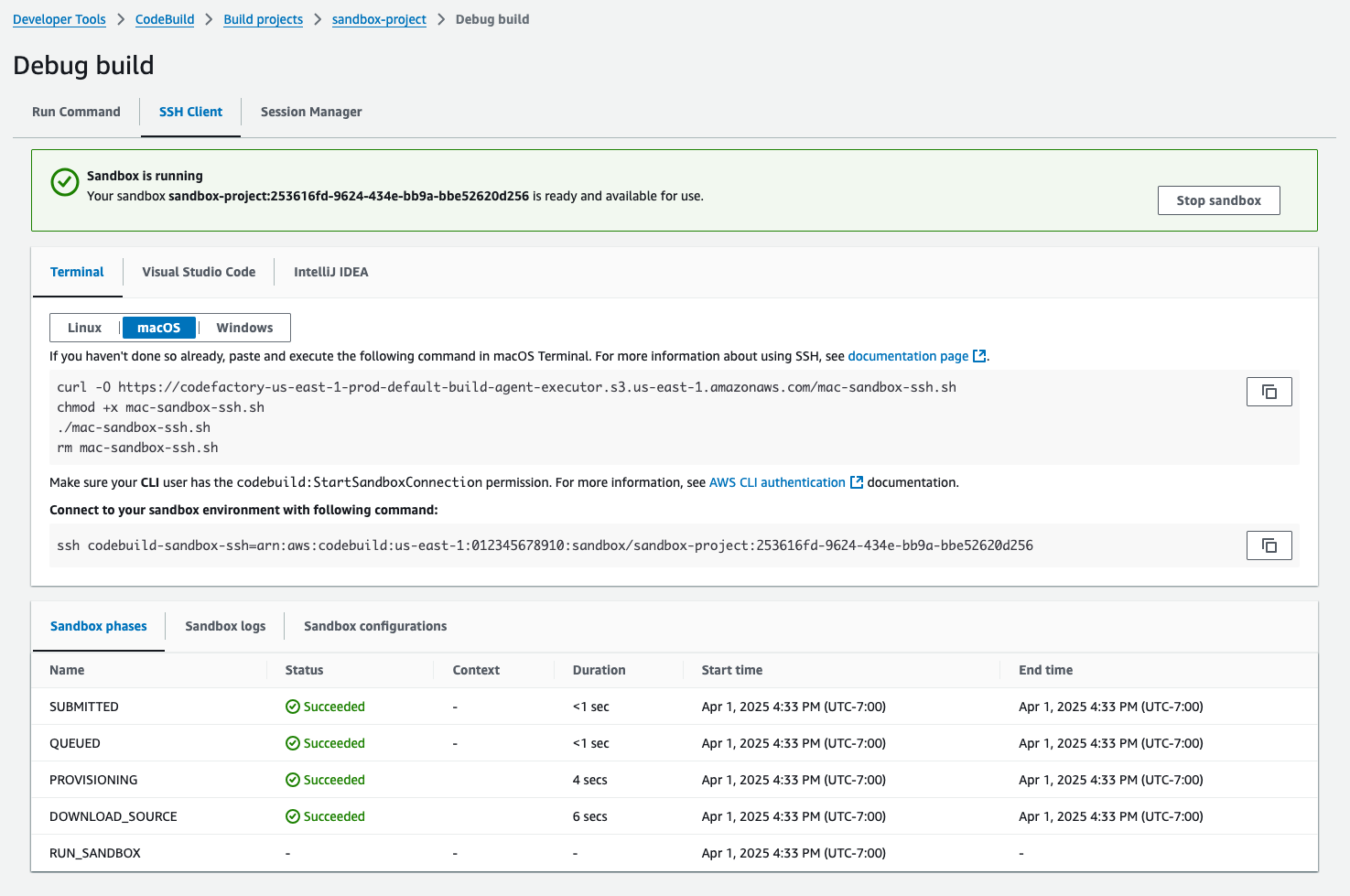 Die SSH-Sandbox-Verbindung ändert sich nach dem Status auf „RUN_SANDDBOX“.