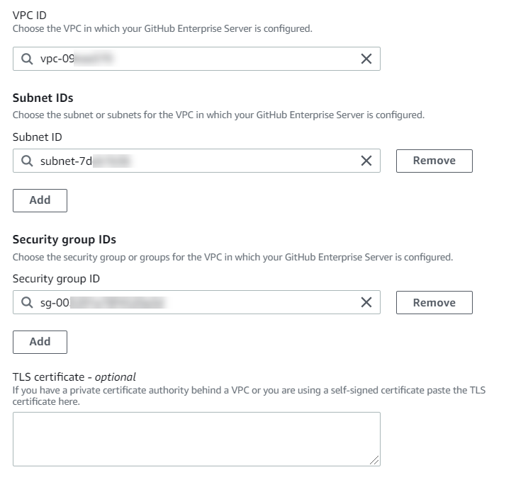 Screenshot der Konsole mit der Seite „ GitHub Enterprise Server-Verbindung erstellen“ für VPC-Optionen.