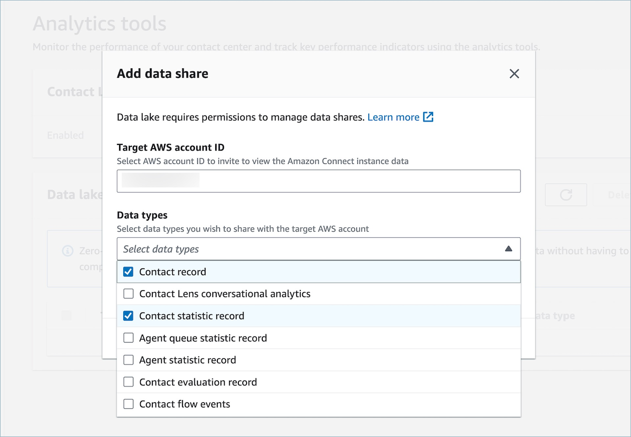 Seite „Daten hinzufügen“ mit den Analysetools von Amazon Connect.