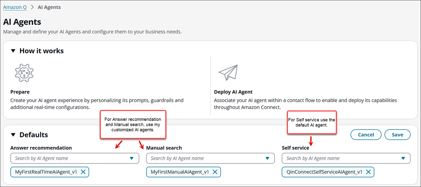 Die standardmäßigen KI-Agenten, die für ein Amazon Q in Connect-Erlebnis angegeben wurden.