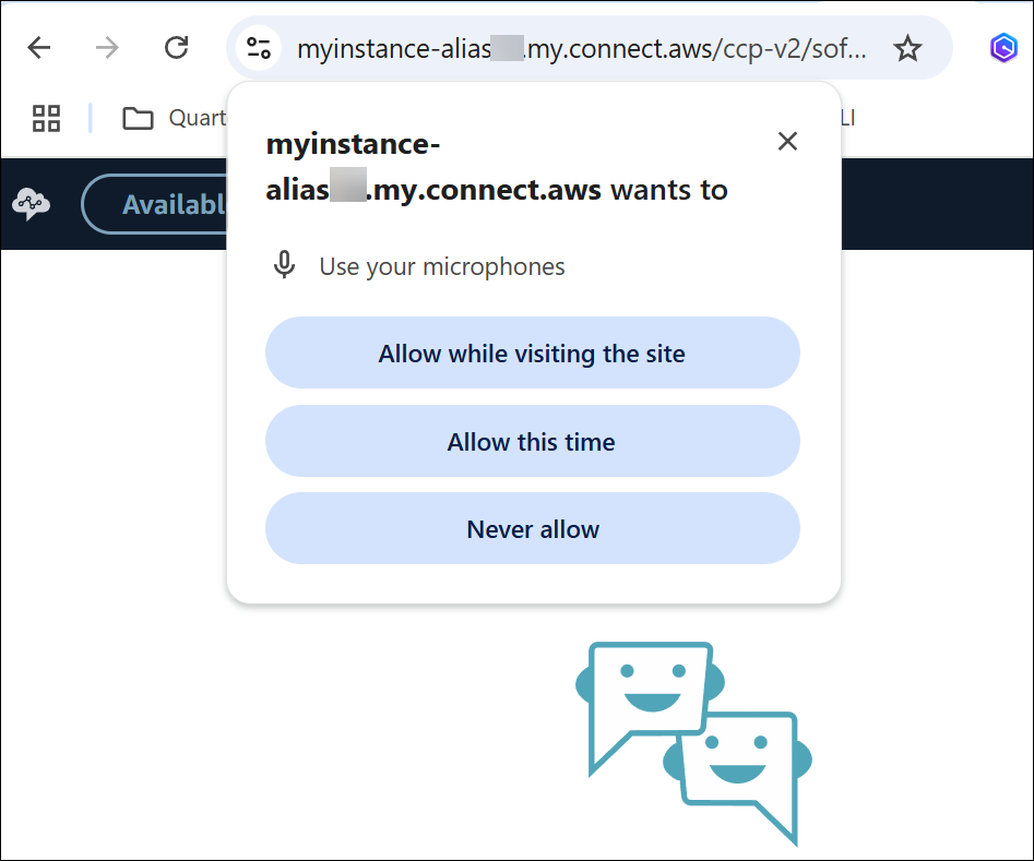 Der Browser fordert Sie auf, Amazon Connect den Zugriff auf Ihr Mikrofon zu erlauben.