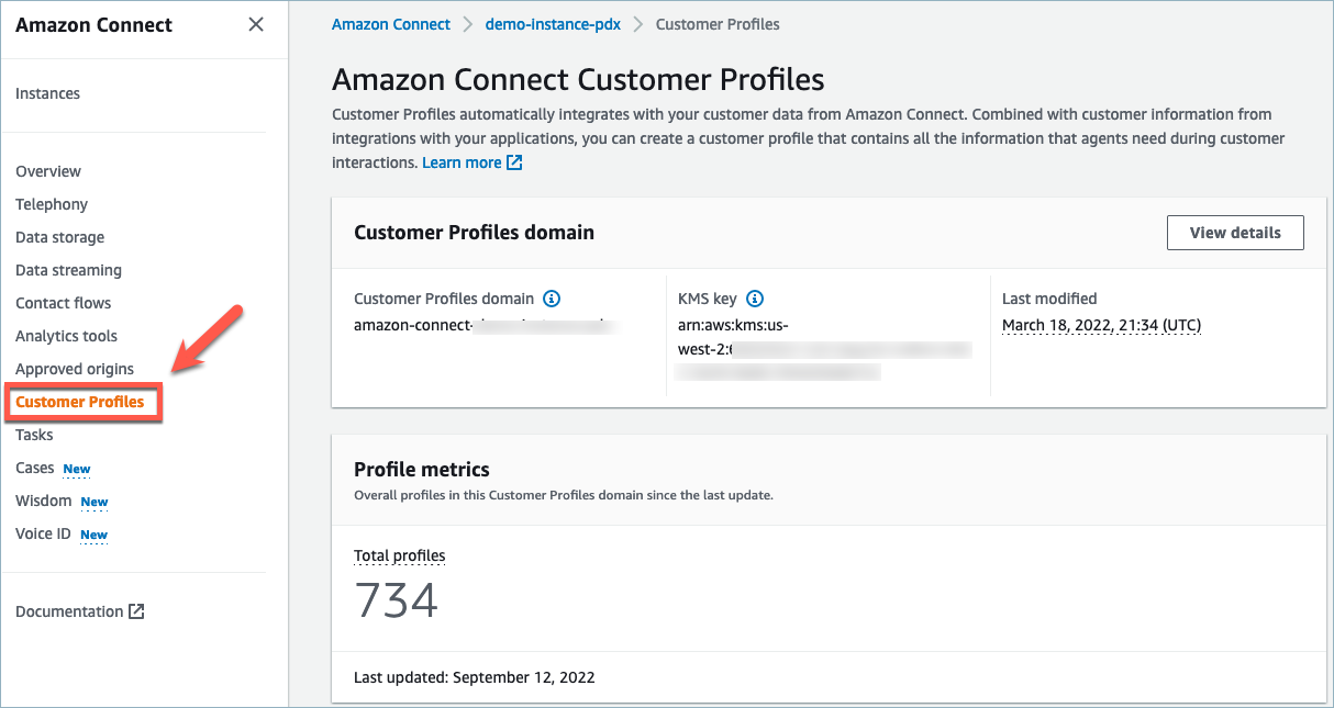 Die Seite „Amazon Connect Customer Profiles“