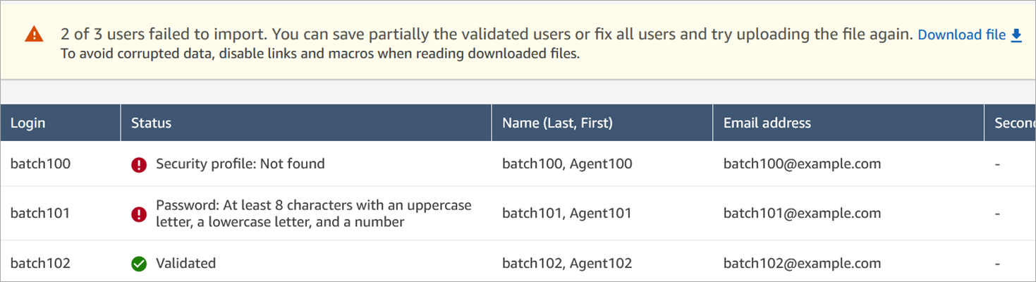 
                            Ein Beispiel für eine Fehlermeldung, wenn die CSV-Datei nicht gültig ist.
                        