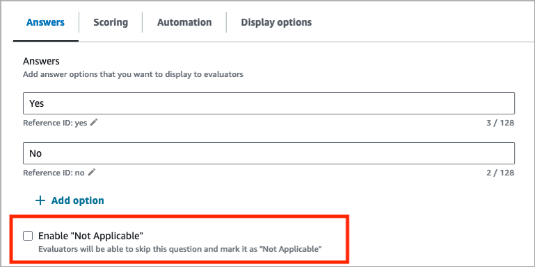 Die Registerkarte „Antworten“, die Option „Nicht zutreffend“ aktivieren.