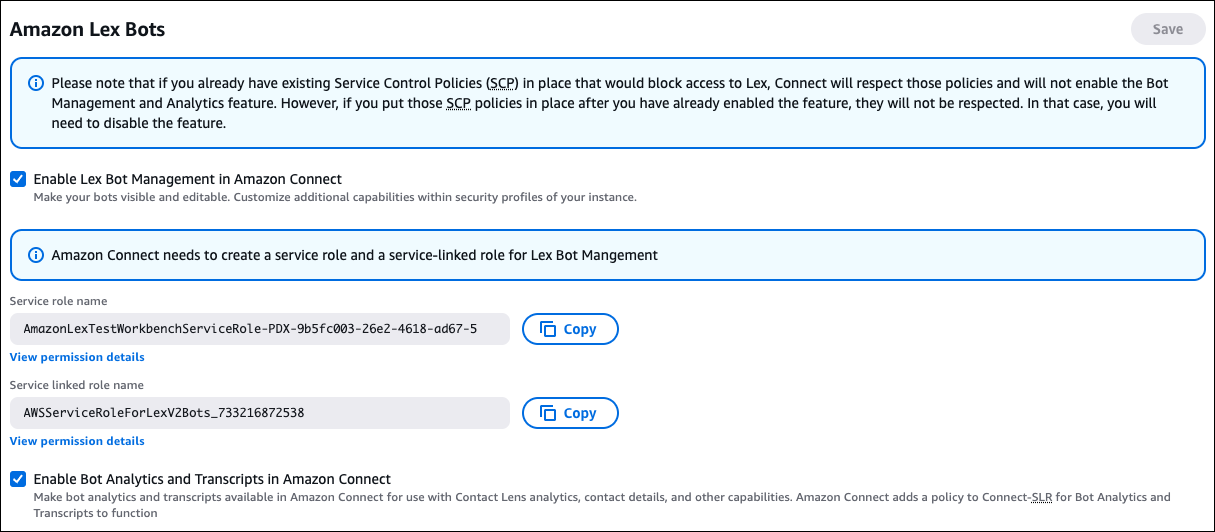 Die Amazon Lex Lex-Bots-Seite, die Optionen zur Aktivierung der Lex-Botverwaltung und -Analyse von Amazon Connect.
