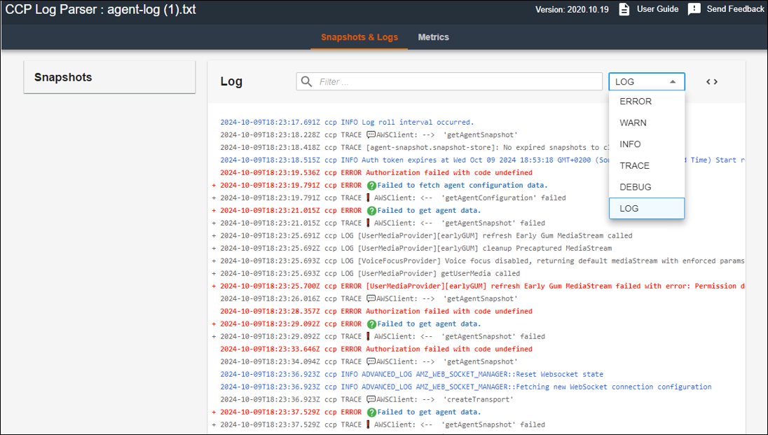 Der CCP Log Parser zeigt analysierte Agenten-Protokolleinträge mit erweiterbaren Details an.