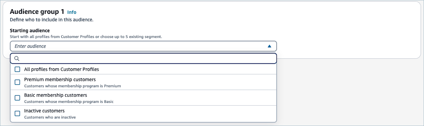 Eine Dropdownliste für Startzielgruppen.