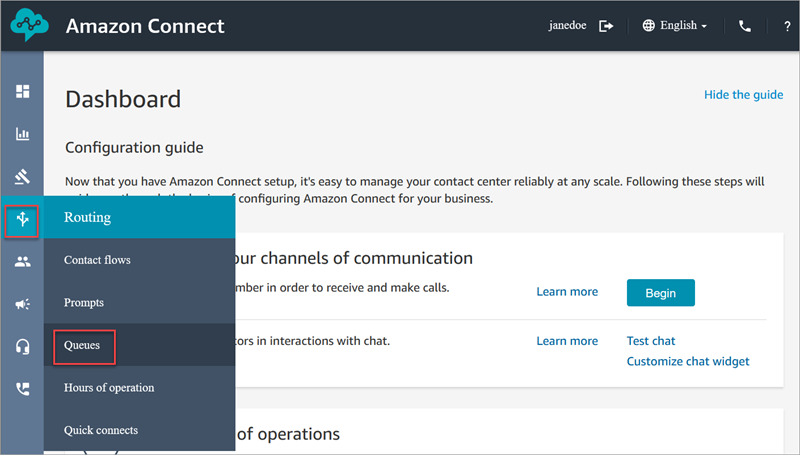 Das Amazon Connect-Navigationsmenü, das Routing-Symbol, die Option Warteschlangen.