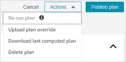 Die Seite mit den Kapazitätsplänen, auf der das Dropdownmenü Aktionen angezeigt wird, wobei die Option Plan erneut ausführen deaktiviert ist, da keine Änderungen an den Planeingaben oder dem Szenario vorgenommen wurden.