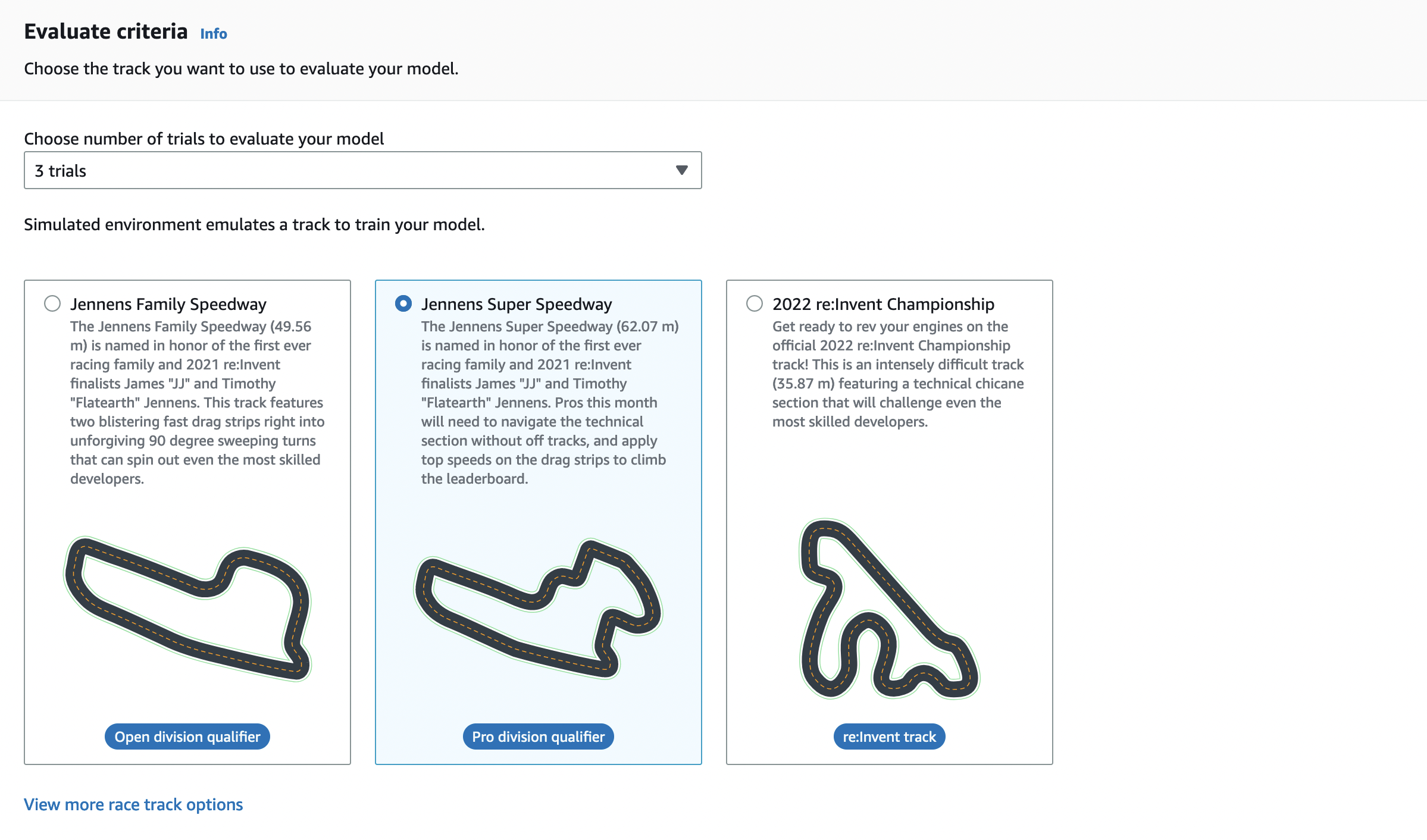 
                    Bild: AWS DeepRacer  wählt einen Track zur Bewertung aus.
                