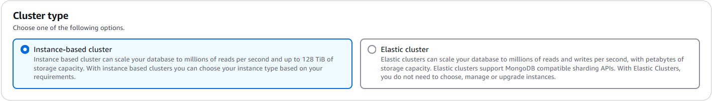 Auswahl des Clustertyps mit hervorgehobener Option „Instanzbasierter Cluster“ und Beschreibung beider Clustertypen.