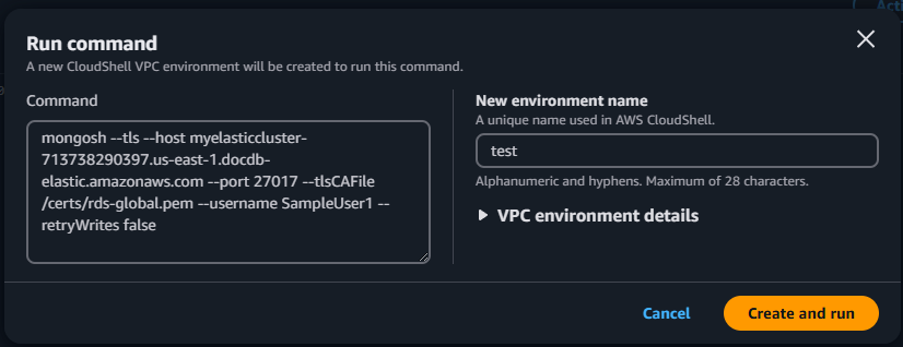 Befehlsbildschirm „Cluster-Cluster CloudShell Run“ mit Aufforderung zum neuen Umgebungsnamen