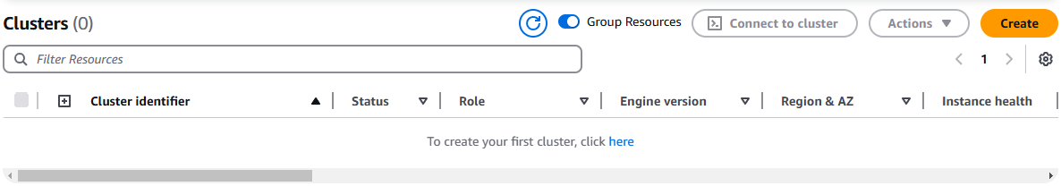 Leeres Cluster-Dashboard mit Optionen zum Erstellen eines neuen Clusters und zum Verwalten von Ressourcen.