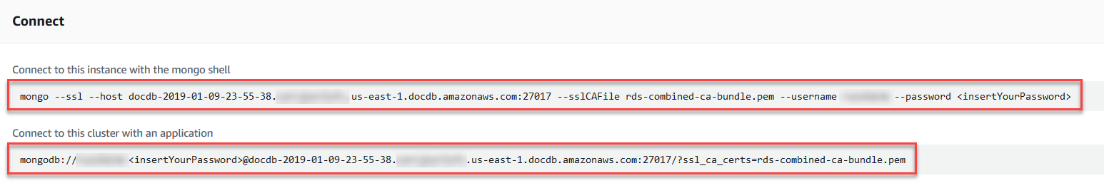 Screenshot der Konsole, der den Connect-Abschnitt mit hervorgehobenen Verbindungszeichenfolgen für die Mongo-Shell und die Anwendung zeigt.