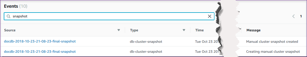 Screenshot des Ereignisbereichs mit Filterereignissen für Snapshots.
