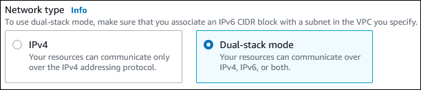Abschnitt Netzwerktyp in der Konsole mit ausgewähltem Dual-stack Modus.