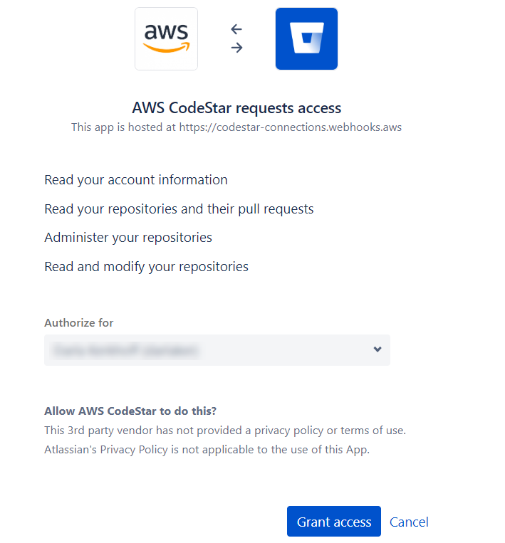 Screenshot der Konsole, der AWS CodeStar Zugriffsanfragen zeigt.