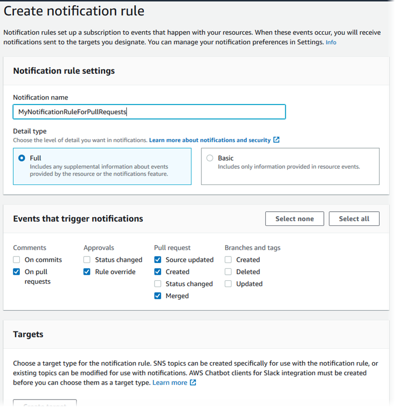 Erstellen einer Benachrichtigungsregel für ein Repository in der AWS Developer Tools-Konsole.
