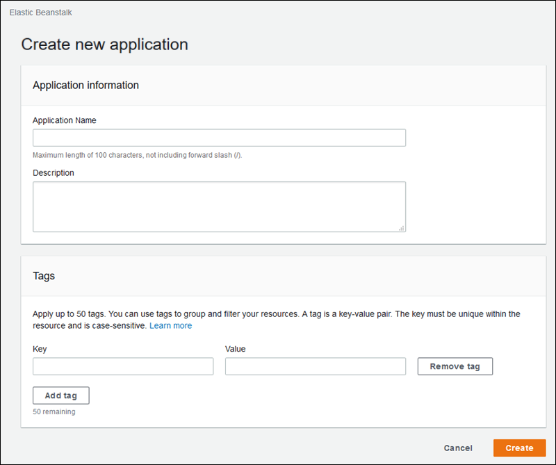 Dialogfeld „Create New Application (Neue Anwendung erstellen)“ enthält Tags für eine neue Anwendung in der Elastic Beanstalk-Konsole