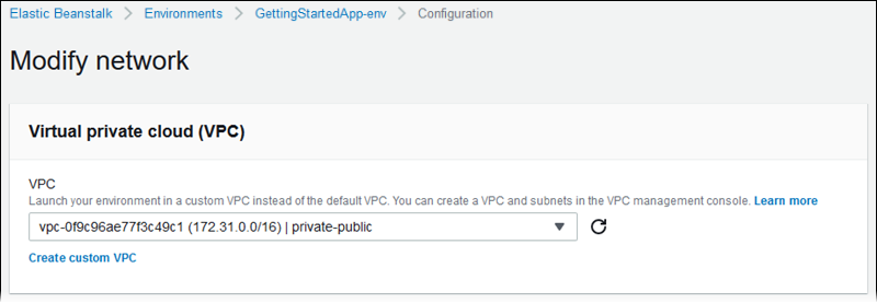 
          VPC-Abschnitt auf der Seite "Netzwerkkonfiguration ändern" der Elastic Beanstalk-Konsole
        