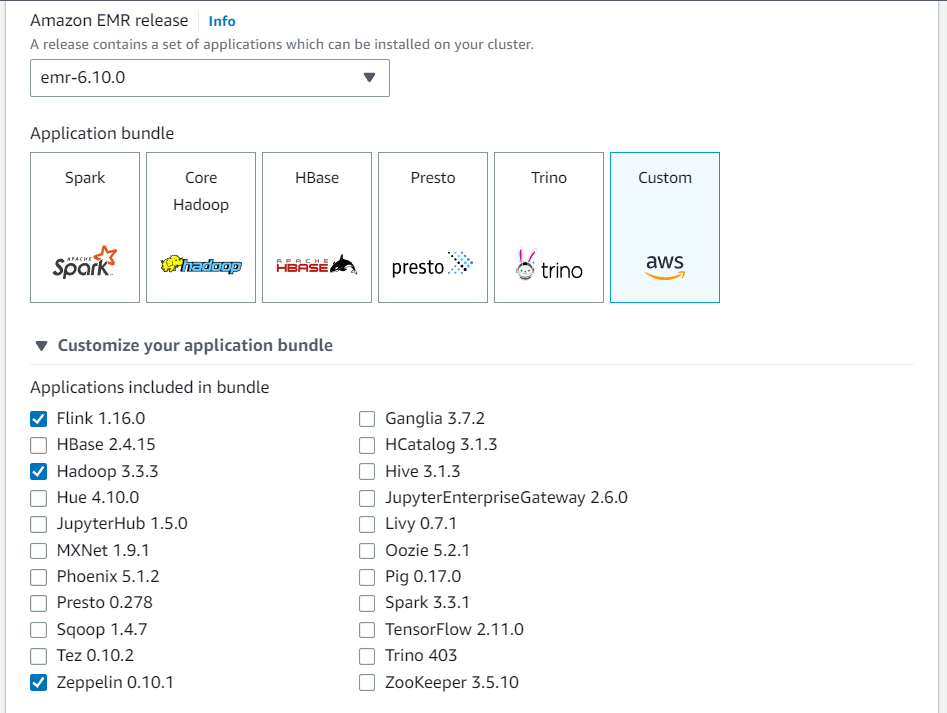 Passen Sie in der Amazon-EMR-Konsole Ihr Anwendungspaket mit der Option Benutzerdefiniert an. Mindestens Flink, Hadoop und Zeppelin in Ihr Paket aufnehmen