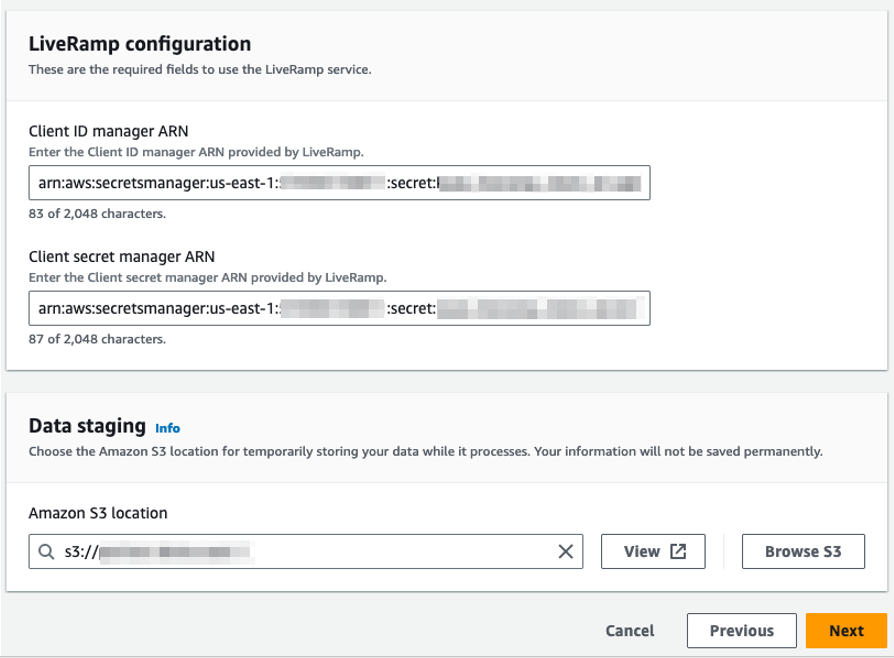 LiveRamp Konfigurationsformular mit Feldern für Client ID Manager ARN und Client Secret Manager ARN.