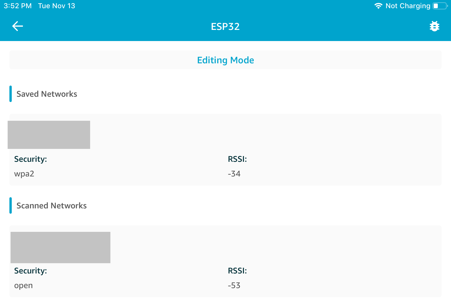 ESP32 interface showing saved and scanned networks with security types and RSSI values.