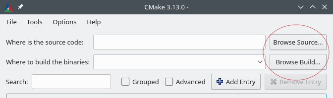CMake interface with input fields for source code and binary locations, and Browse buttons.