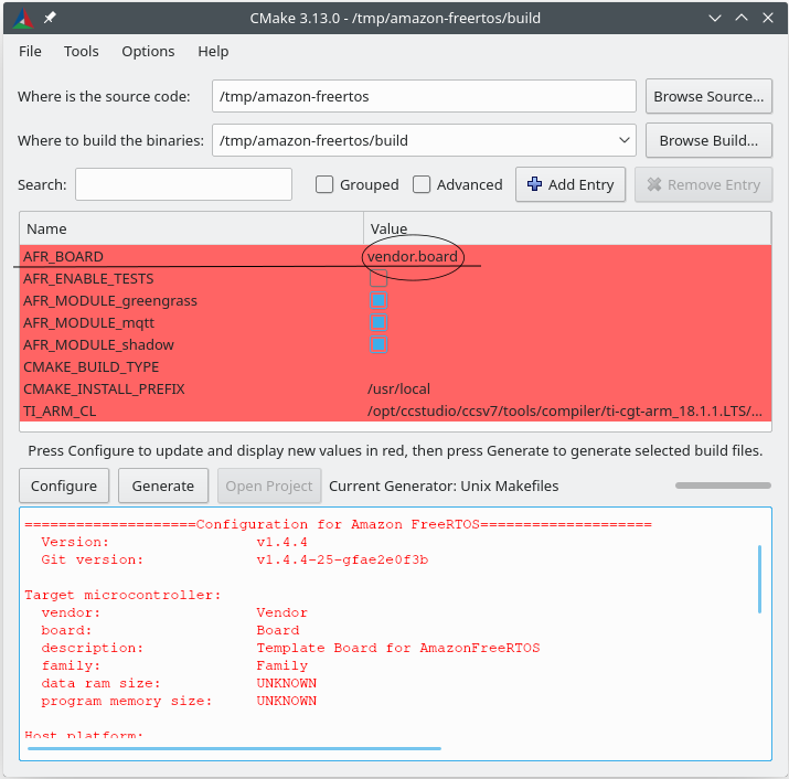 CMake GUI for Amazon FreeRTOS build configuration with source code and build paths.