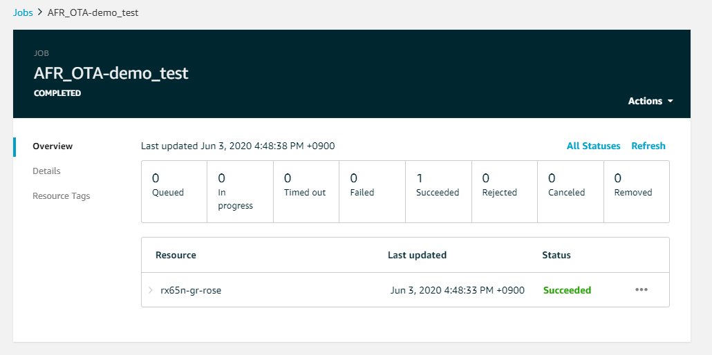 Job status overview showing one succeeded task for AFR_OTA-demo_test job.