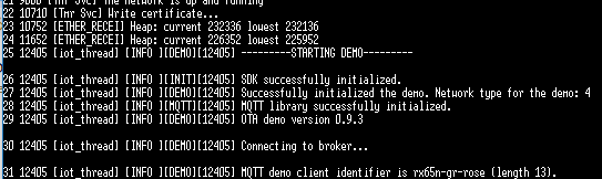 Console output showing successful initialization of MQTT demo client and connection to broker.