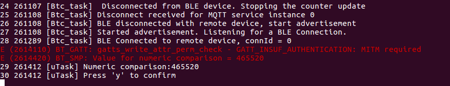 Die Konsolenausgabe zeigt die Trennung des BLE-Geräts, die Unterbrechung des MQTT-Dienstes, den Start der Ankündigung, die BLE-Verbindung zum Remote-Gerät und eine Aufforderung zum numerischen Vergleich.